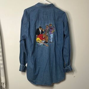 Vintage camel Embroidered Joe Camel Denim Shirt with Colorful Design size L